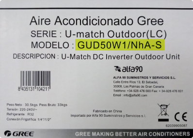 Código modelo máquina Gree - etiqueta de la caja Alfa90